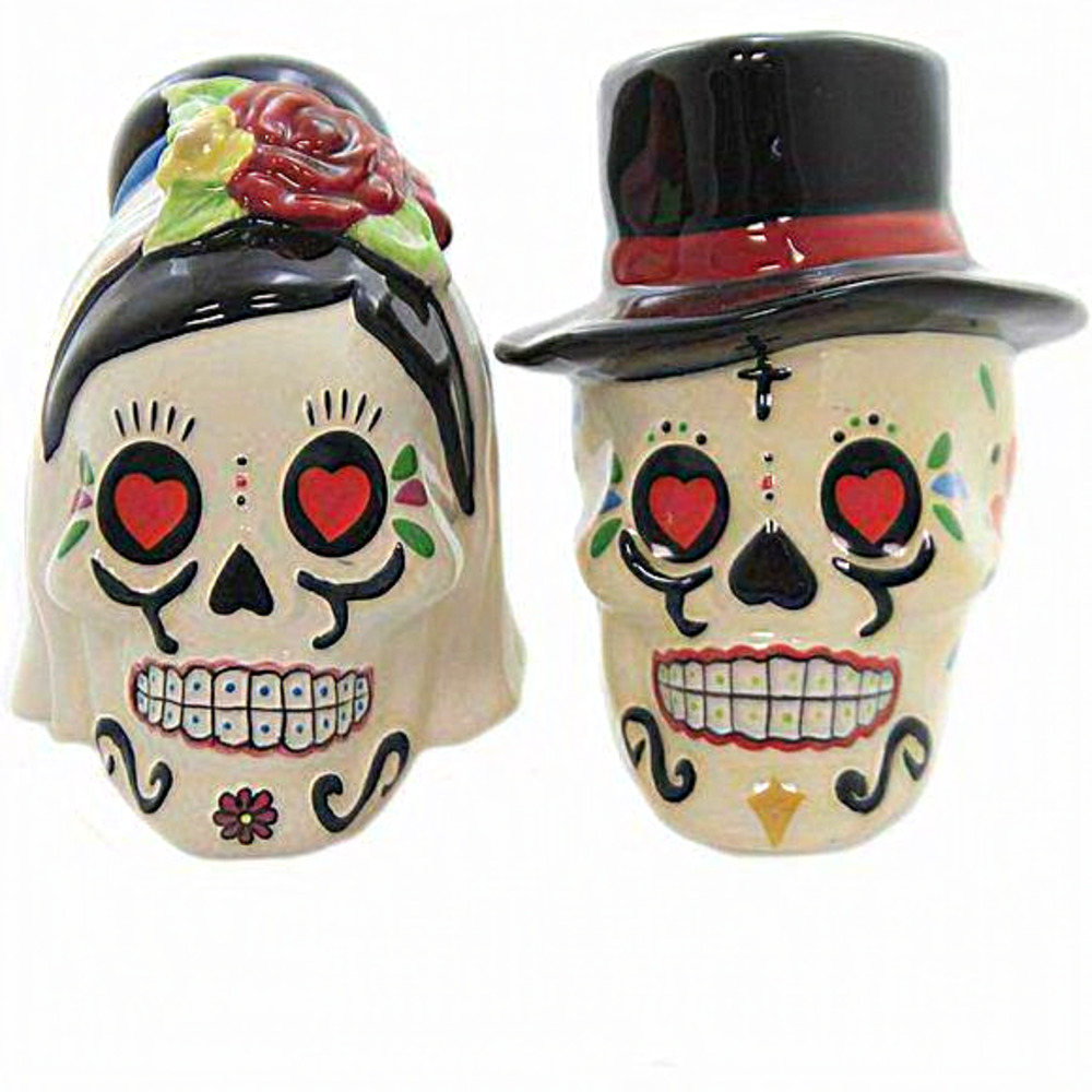 Ceramic Day‎ of the Dead Bride and Groom Skulls Pepper Shakers